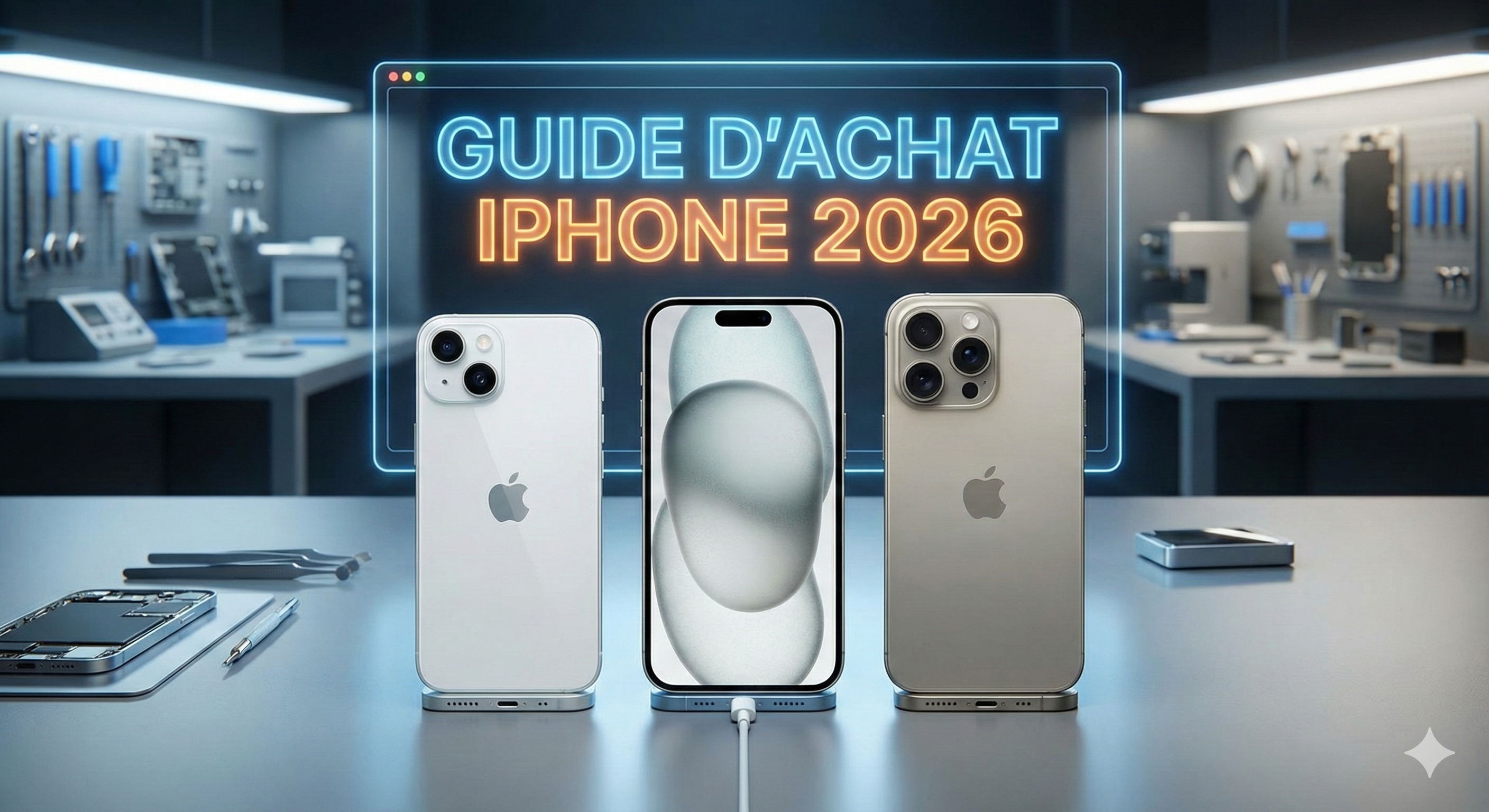 Guide d'achat iPhone 2026 : Comparatif des modèles iPhone 13, iPhone 15 et iPhone 15 Pro Max dans un atelier de réparation.