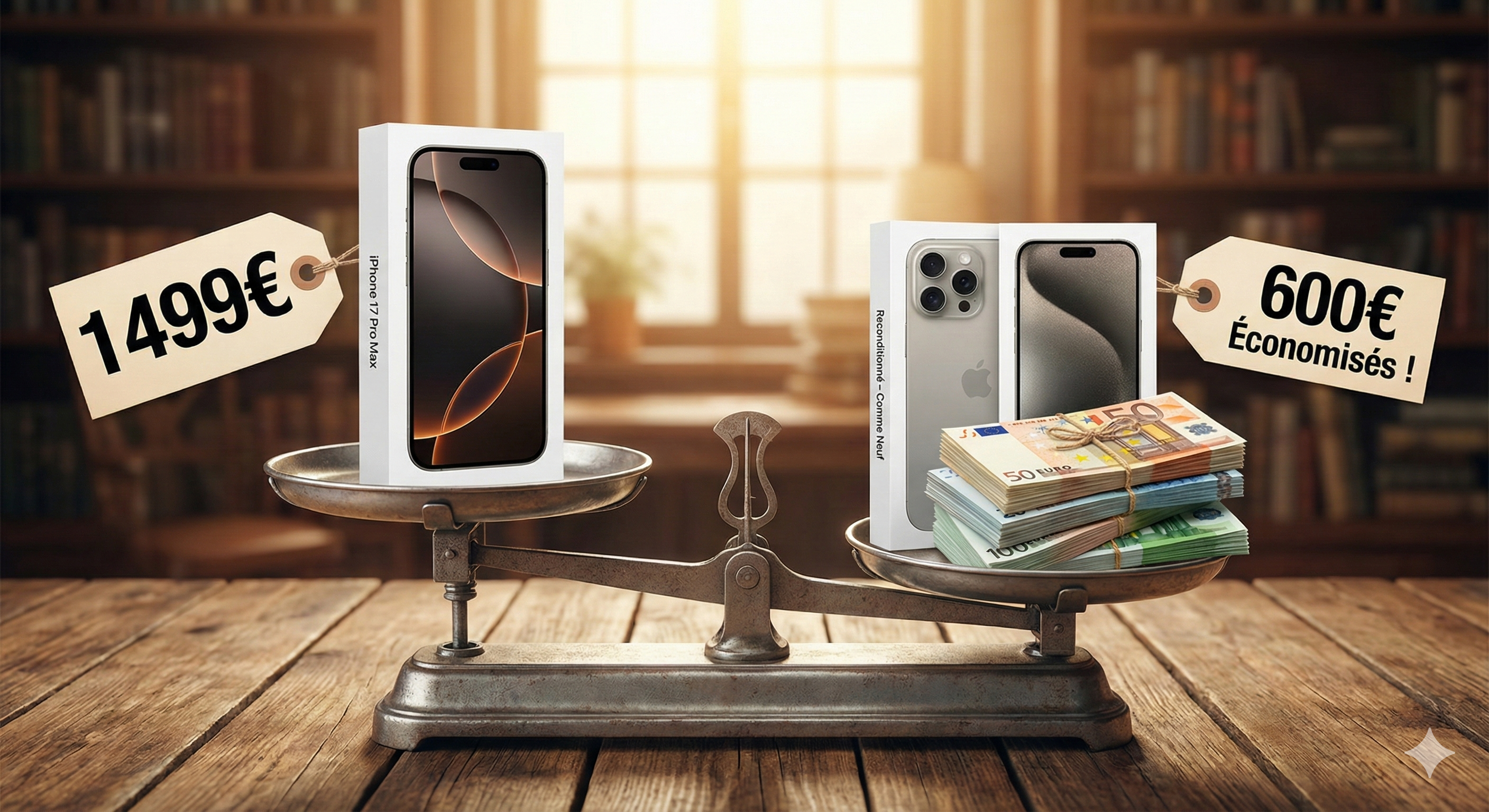 Comparaison balance : d'un côté un iPhone 17 neuf très cher, de l'autre un iPhone 15 reconditionné avec une pile de billets économisés