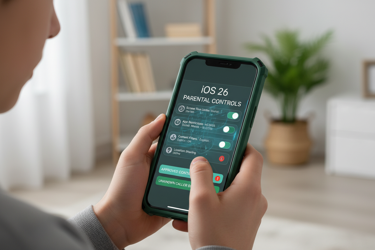 Ado utilisant un iPhone 13 avec une coque de protection robuste, interface de contrôle parental iOS 26 visible en surimpression