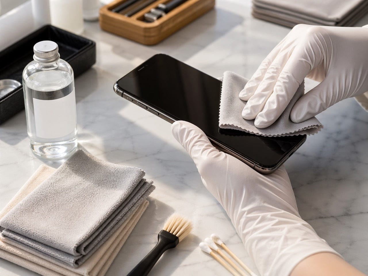 Nettoyage et désinfection d'un iPhone reconditionné en atelier