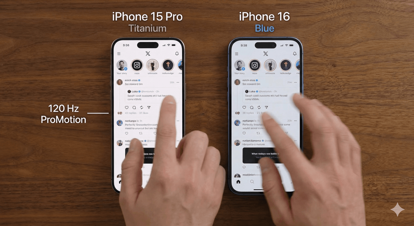 Face à face iPhone 15 Pro Titane et iPhone 16 Bleu, écran allumé montrant les différences de bordures et de fluidité