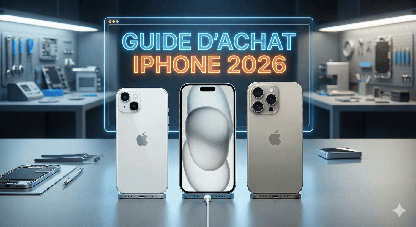 Guide d'achat iPhone 2026 : Comparatif des modèles iPhone 13, iPhone 15 et iPhone 15 Pro Max dans un atelier de réparation.