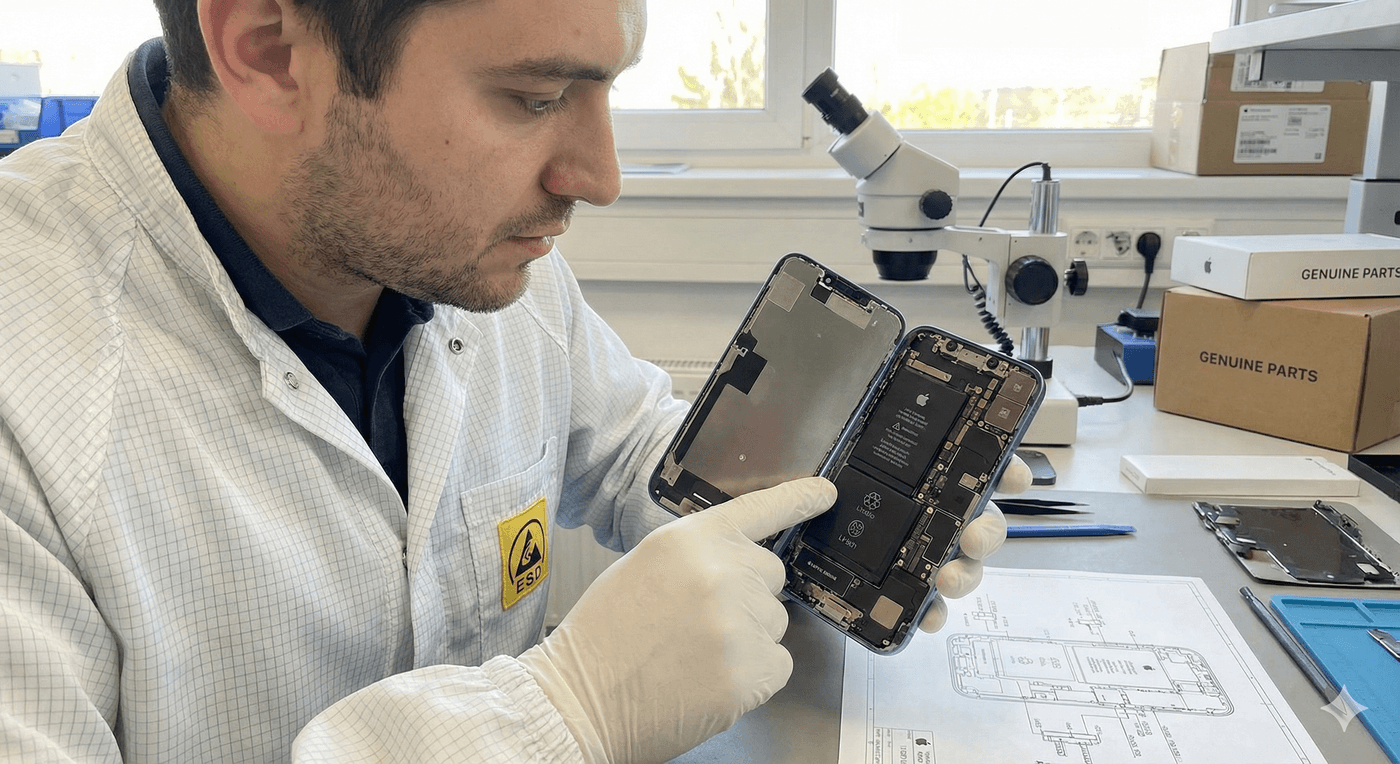 Technicien en atelier inspectant l'intérieur d'un iPhone 13 ouvert, montrant la qualité des composants d'origine