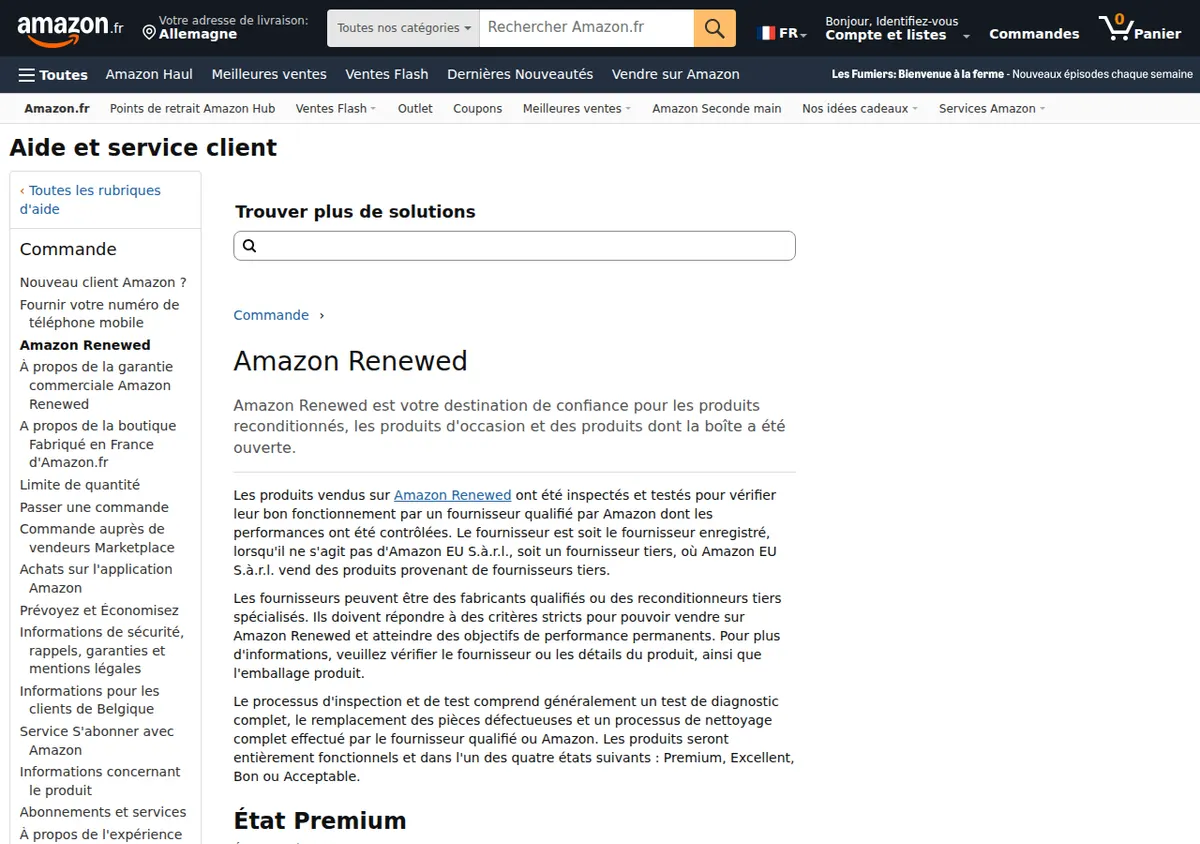 Page d'aide officielle Amazon Renewed : processus d'inspection et grille des quatre états