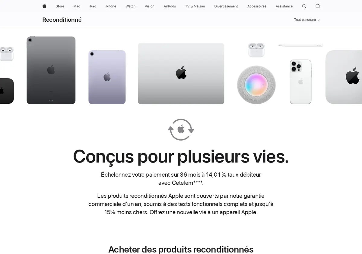Page officielle Apple Certified Refurbished : produits reconditionnés et garantie d'un an