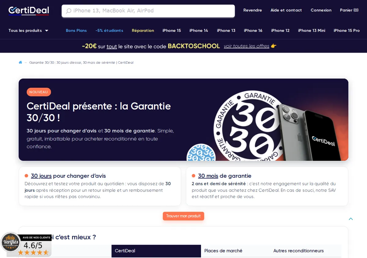 Page officielle de la garantie 30/30 de CertiDeal : 30 jours d'essai et 30 mois de garantie