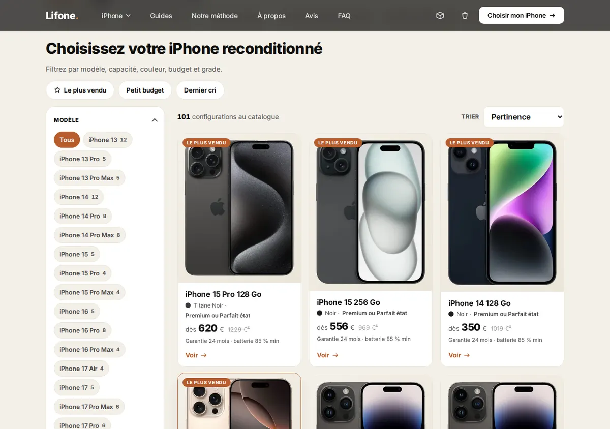Catalogue Lifone : filtres par modèle et cartes produits affichant la garantie 24 mois et la batterie 85 % minimum