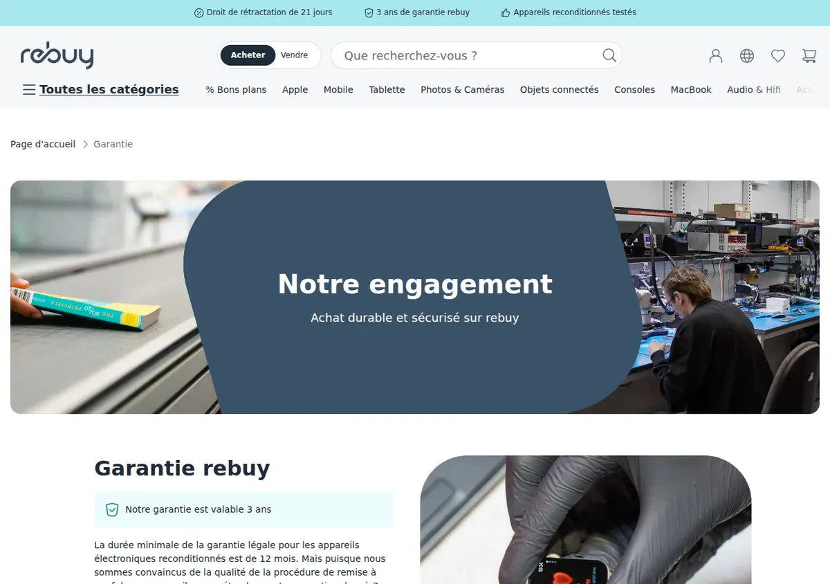 Page garantie officielle de reBuy : garantie de trois ans affichée
