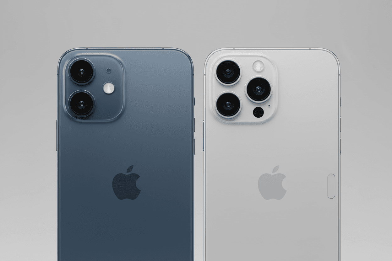 Face à face iPhone 15 et iPhone 16, mettant en évidence le bouton Action et l'alignement vertical des caméras du 16