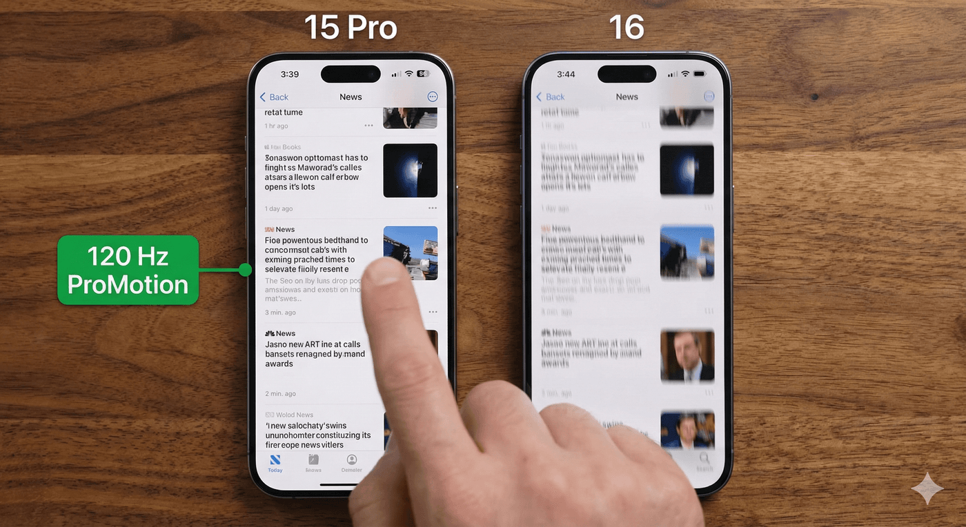 Test de fluidité écran : iPhone 15 Pro avec ProMotion 120Hz affichant un texte net lors du défilement, comparé au flou de mouvement sur l'écran 60Hz de l'iPhone 16.