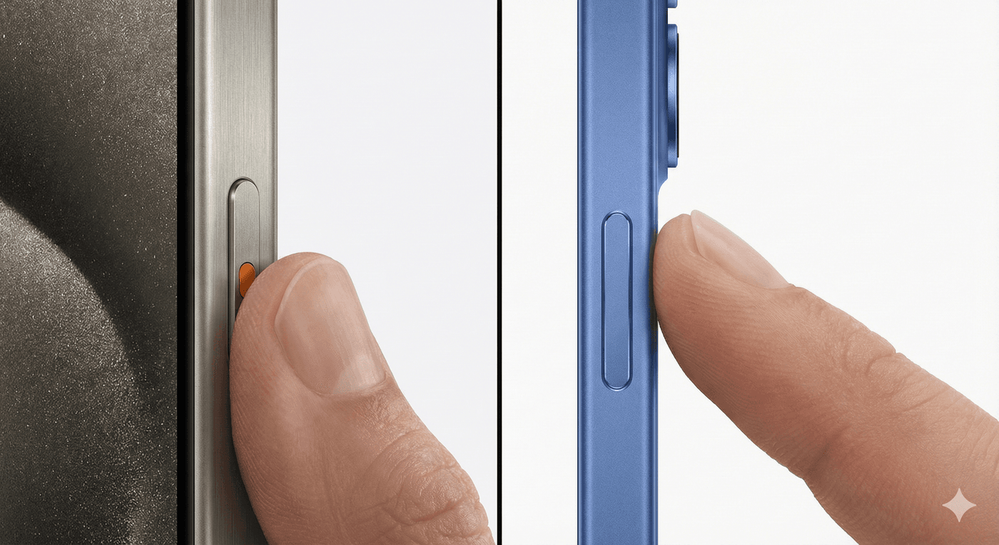 Gros plan scindé montrant la finition Titane brossé et le Bouton Action de l'iPhone 15 Pro face au nouveau bouton Camera Control sur le châssis aluminium de l'iPhone 16.