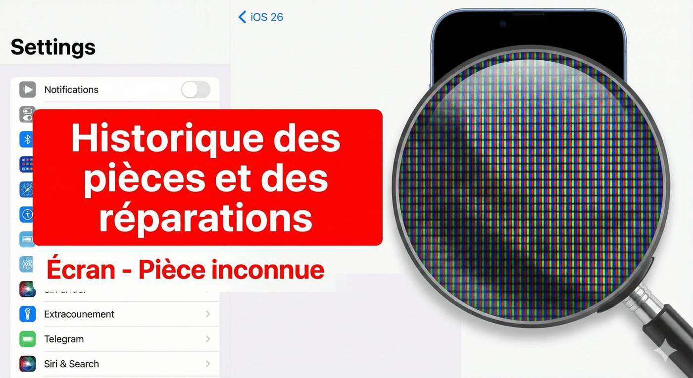 Capture d'écran réglages iOS 26 message écran pièce inconnue sur iPhone