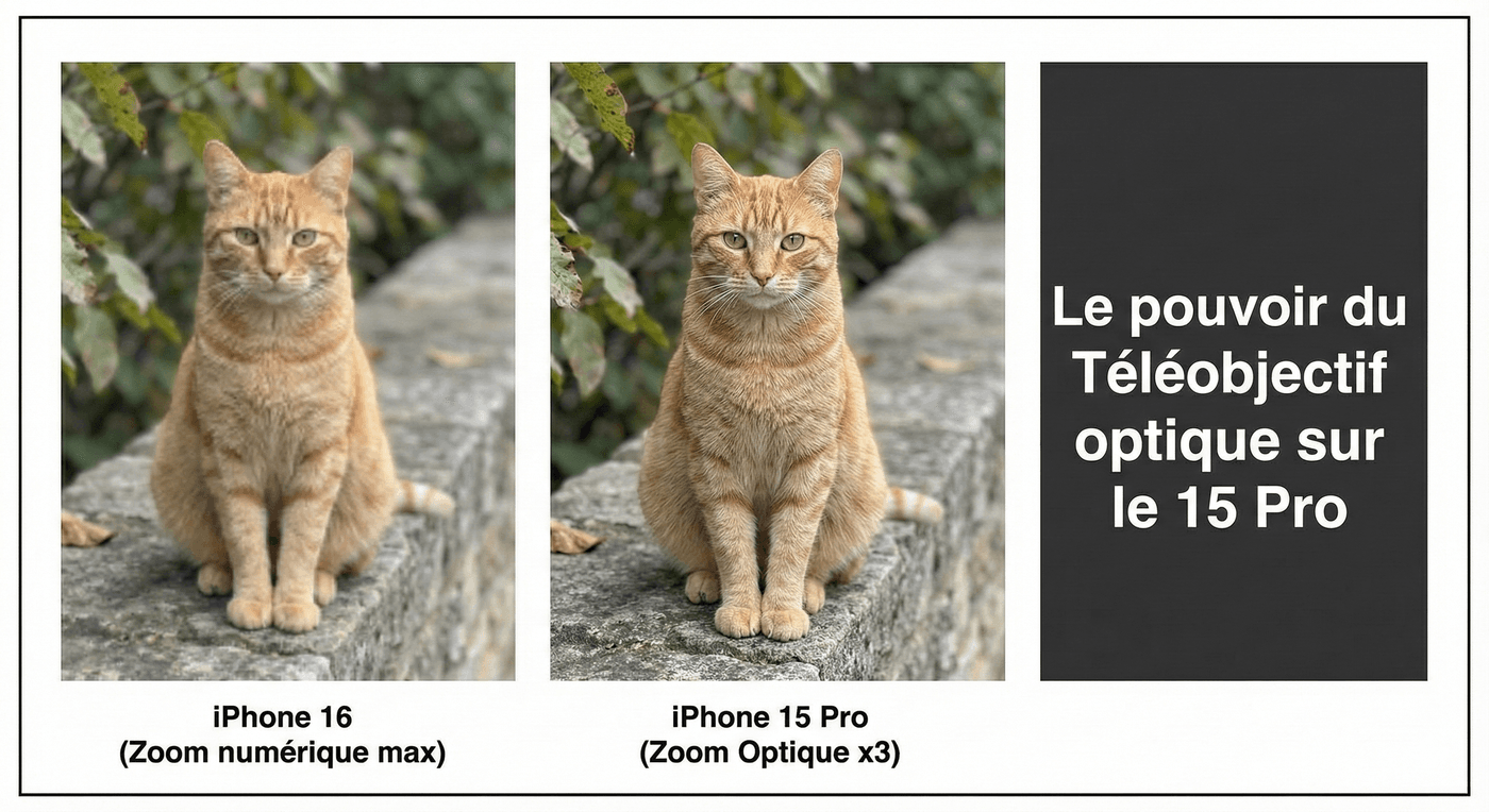 Démonstration qualité photo : Cliché net pris avec le téléobjectif optique x3 de l'iPhone 15 Pro comparé au résultat pixelisé du zoom numérique de l'iPhone 16.