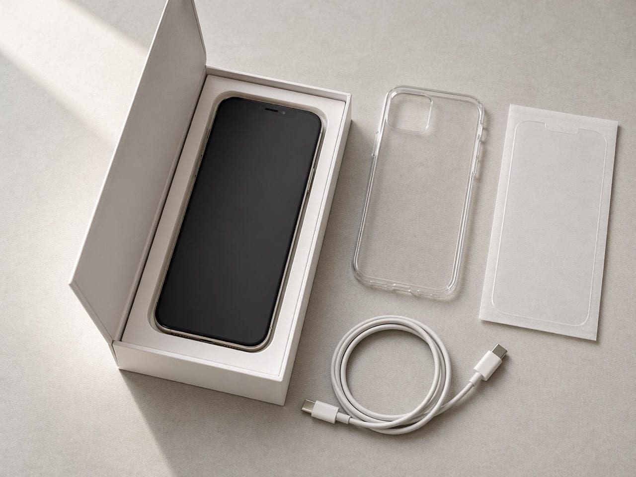 Le colis Lifone ouvert : l'iPhone reconditionné dans son coffret, avec la coque, le verre trempé et le câble de recharge
